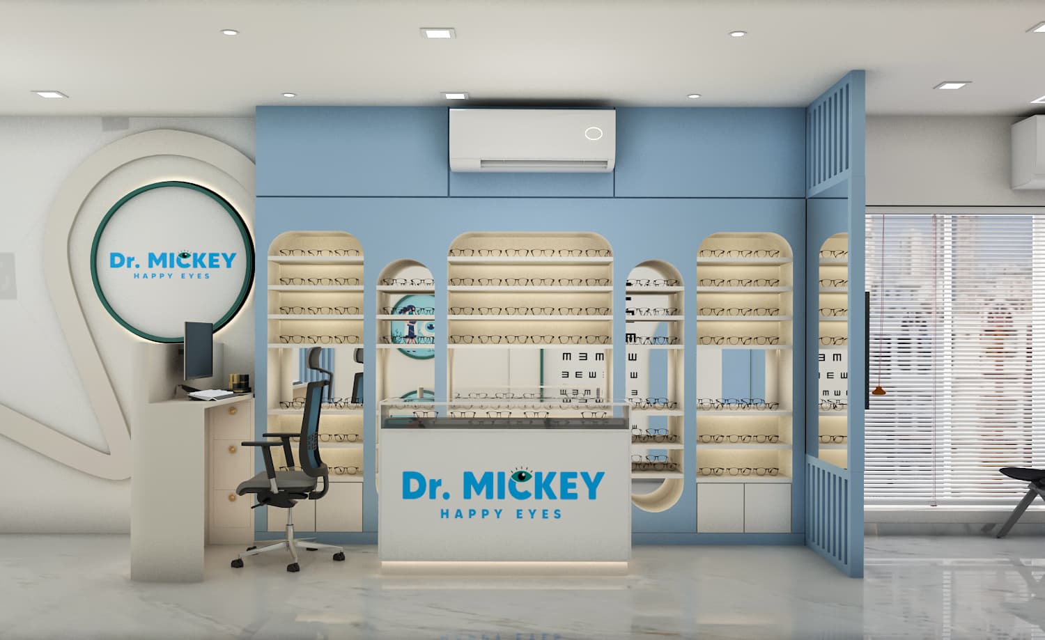 Dr. Mickey's Eye Care Centre reception with branded display wall